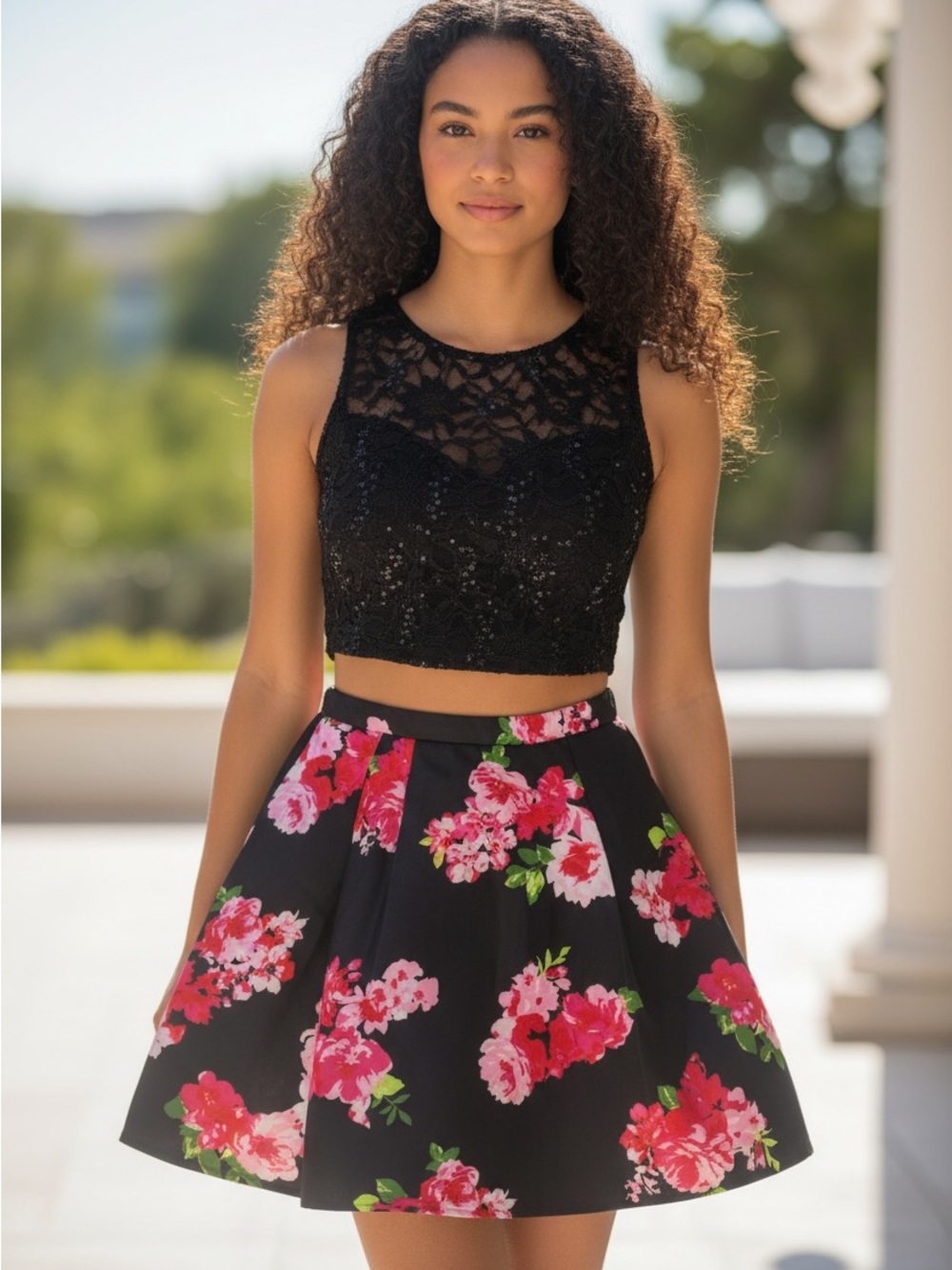 B. Darlin Black/Pink Lace/Satin Floral 2 Piece Special Occasion Dress